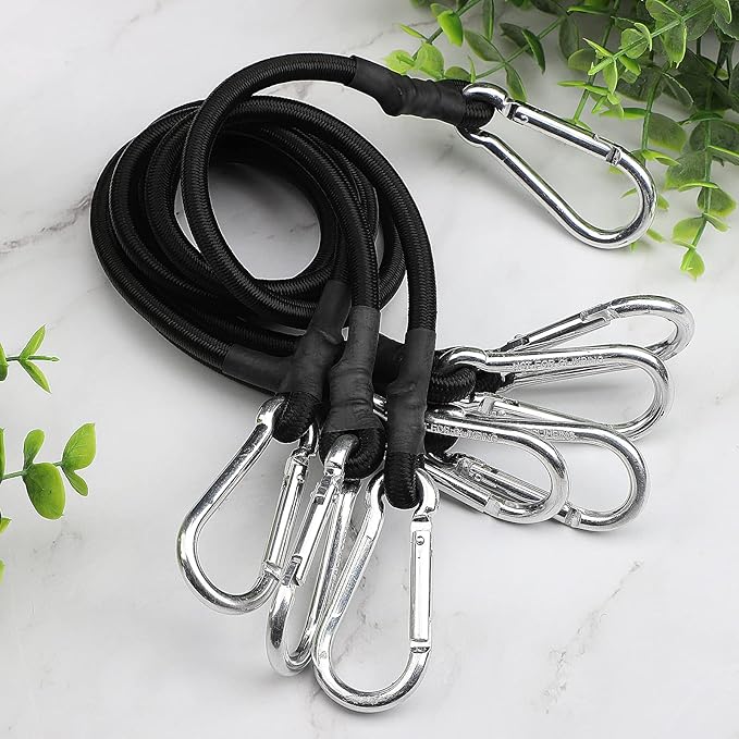 ZHOUBIN 24 Inch Black Bungee Cords with Carabiner Hooks, 4Pcs