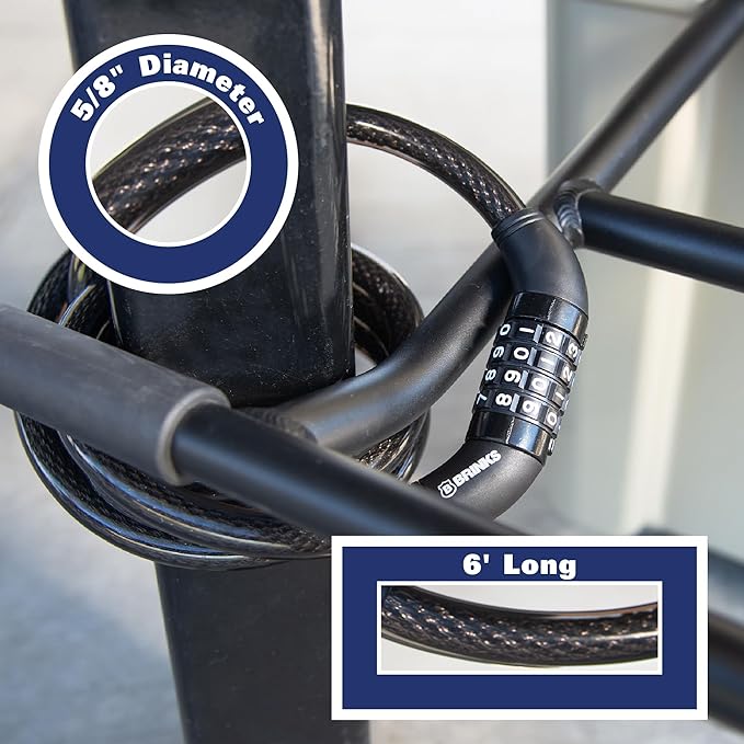 BRINKS 6 ft Outdoor Heavy Duty Bike Lock Cable, Thick, Anti Theft Self-Coiling Design, Resettable 4-Dial Combination, 5/8" Weather-Resistant Vinyl Coating for Bikes