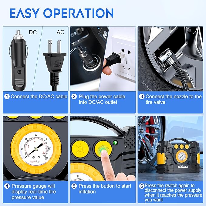 Nilight Tire Inflator Portable Air Compressor Dual Power Car 12V DC Home 110V AC Pump w/Analog Pressure Gauge Fast Inflate Auto Shutoff for Cars SUV Motorcycle Bicycle