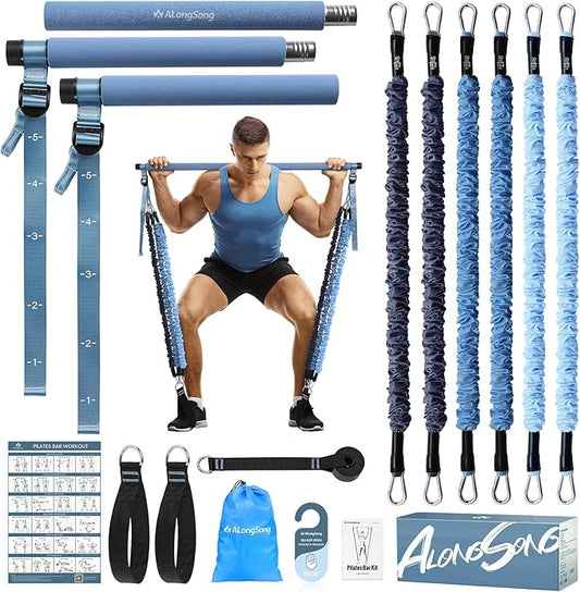 Pilates Equipment Pilates Bar Kit with 6 Fabric Wrapped Resistance Bands 20-180LBS for Women & Men Home Gym Exercise Fitness Full-Body Workouts Multifunctional Yoga Pilates Stick