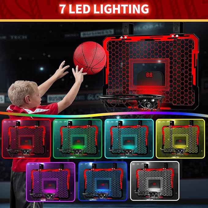 QDRAGON Indoor Basketball Hoop for Kids, Over The Door Mini Basketball Hoops with 7 LED Lighting, Basketball Toys Gifts for 5 6 7 8 9 10 11 12 Year Old Boys Girls Teens, Red