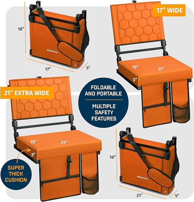 Folding Reclining Stadium Seats with Back Support for Bleachers, Bleacher Chairs with Back and Cushion Seating for Football, Camping Chair, Kayak Seat, Canoe, Paddle Board, Concerts, & Sports Events