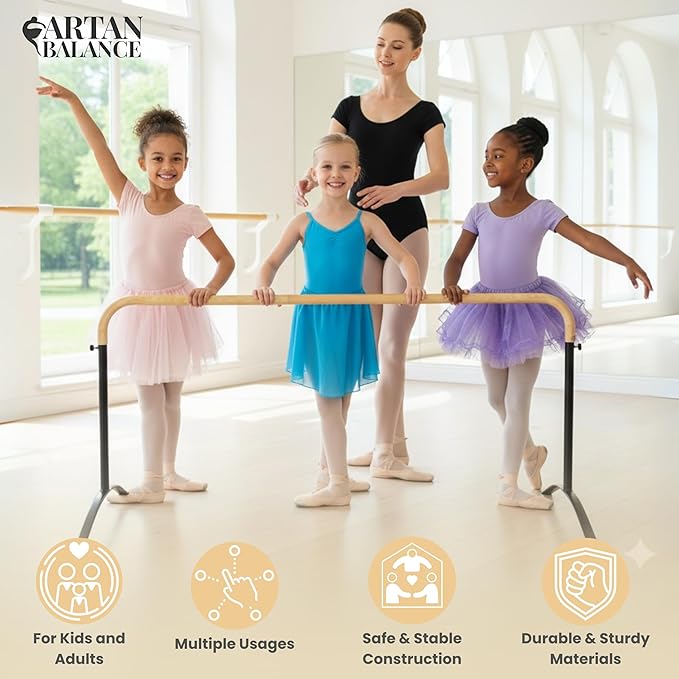 Ballet Barre Portable for Home or Studio, Height Adjustable Bar for Stretch, Pilates, Dance or Active Workouts, Single or Double Bar, Kids and Adults