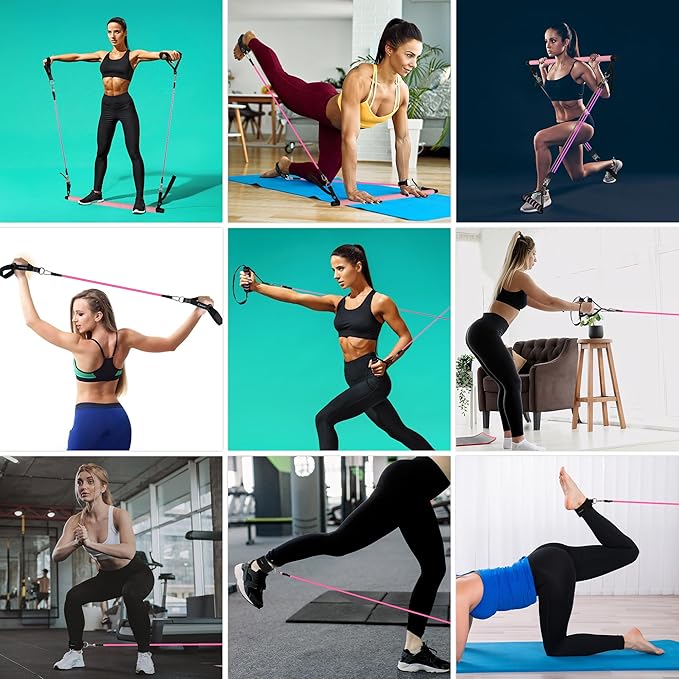 Portable Pilates Bar Kit with Resistance Bands for Men and Women - 3 Set Exercise Resistance Bands - Multifunctional Home Gym - Supports Full-Body Workouts – with Fitness Poster and Video