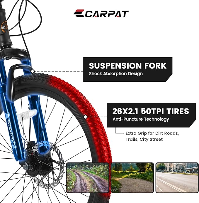 26 Inch Mountain Bike 21 Speeds with Mechanical Disc Brakes, High-Carbon Steel Frame, Suspension MTB Bikes Mountain Bicycle (Black+ Blue)