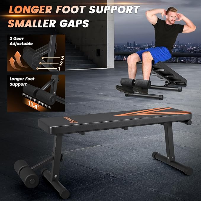 2 In 1 Adjustable Flat Weight Bench - Bonvork 45.3'' Extended Foldable Flat Bench for Home Gym,750LBS Sit Up Bench with 18'' Widened Base,Strength Training Workout Bench Press for Full Body Exercise