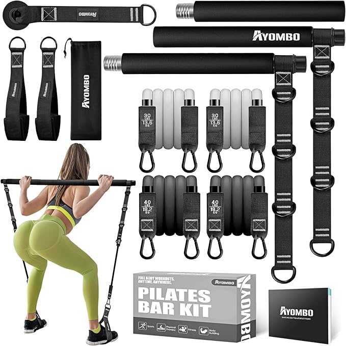 Pilates Bar Kit with Resistance Bands, Pilates Workout Equipment for Legs, Hip, Waist, Arm, Squats Exercise Equipment for Home Workouts, Adjustable 3-Section Pilates Bar Kit for Women & Men