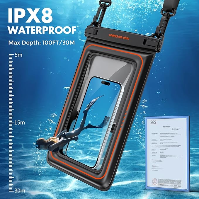 UNBREAKcable [UP to 9.5"]XL Size Waterproof Phone Pouch Floating [Sponge Cushion] IPX8 Phone Case Dry Bag for iPhone 17 16 15 14 Pro Max Samsung S25 Ultra, Travel Kayaking Beach Essentials - 2 Pack