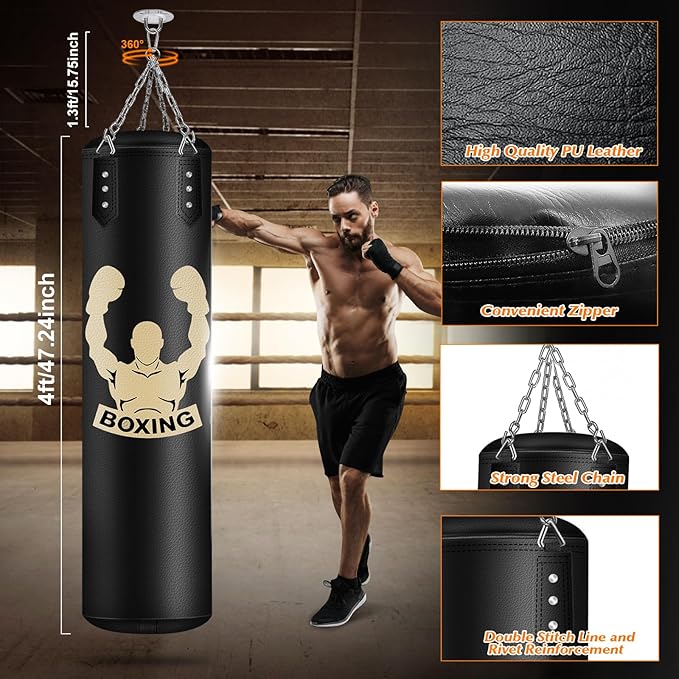 4FT Hanging Punching Bag for Adults, Super PU Leather Boxing Training Equipment Heavy Bag with 12OZ MMA Gloves, Unfilled Kicking Bag Boxing Set for Training Karate Kickboxing Muay Thai
