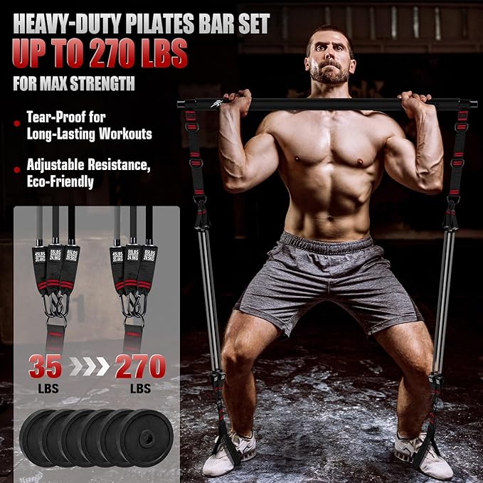 Pilates Bar Kit with Resistance Bands, Heavy Duty Multifunctional Pilates Workout Equipment for Strength Training, HIPS, Back, Arms, Abs, Shoulders, Portable Home Gym & Travel Fitness Gear for Men
