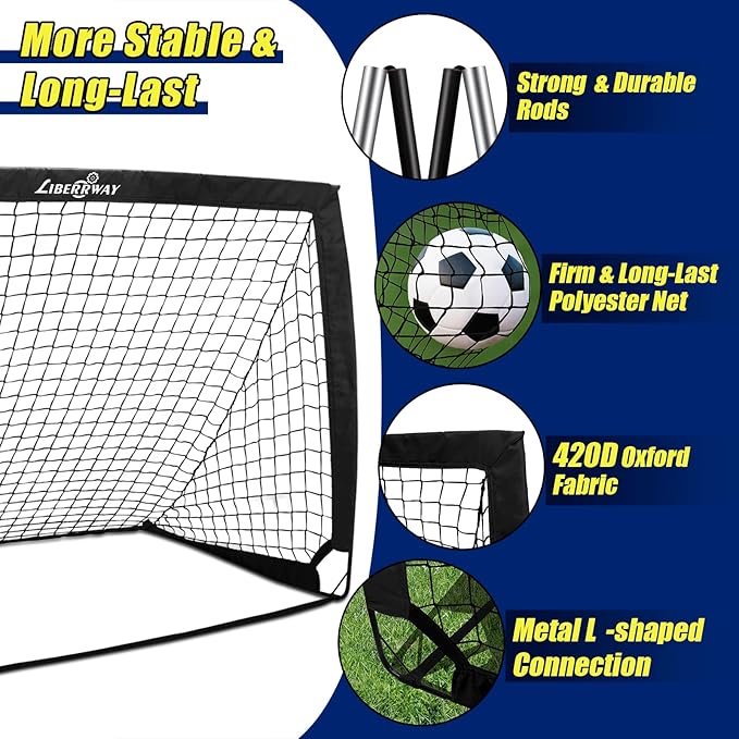 LIBERRWAY Soccer Goal 4'x 3' Portable Kids Soccer Goals for Backyard or Indoor Pop Up Soccer Net with 6 Training Cones, Carrying Bag, 8 Ground Stakes