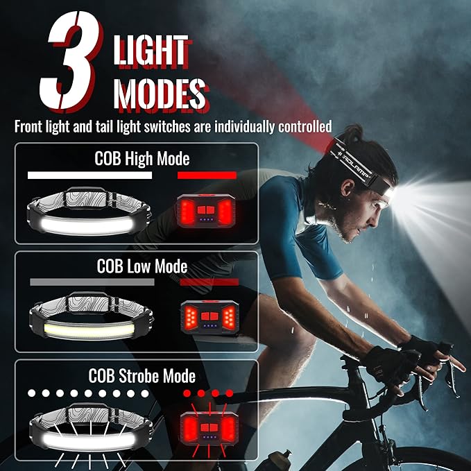 Adelante LED Headlamp Flashlight, 1000LM 230Wide-Beam USB Rechargeable Head Light with Taillight(Individual Control) & 8 Clips Waterproof Headlight Headlamps for Running and Camping (2 Pack, Black)