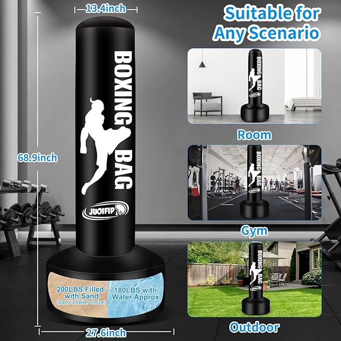 Standing Punching Bag for Adults with Pump and Gloves, 69'' Kick Boxing Bag with Stand Inflatable Freestanding Heavy Bag Kicking Bag for Training MMA Muay Thai Fitness