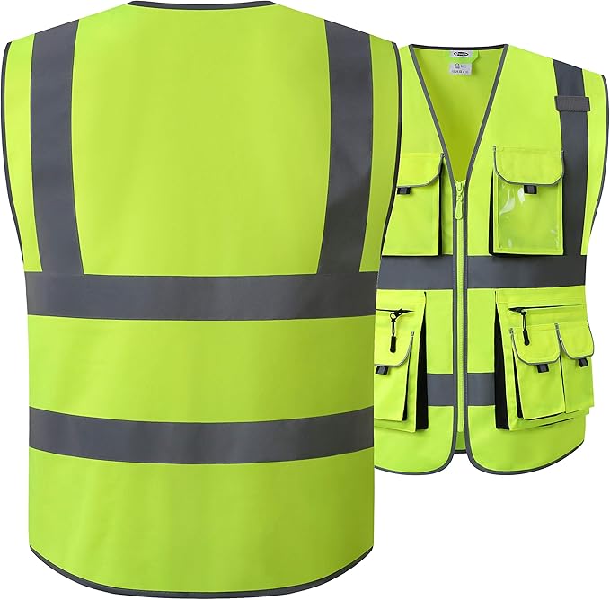 JKSafety 10 Pockets Class 2 High Visibility Zipper Front Yellow Safety Vest with High Reflective Strips Meets ANSI/ISEA Standards (3X-Large, 88-Yellow)