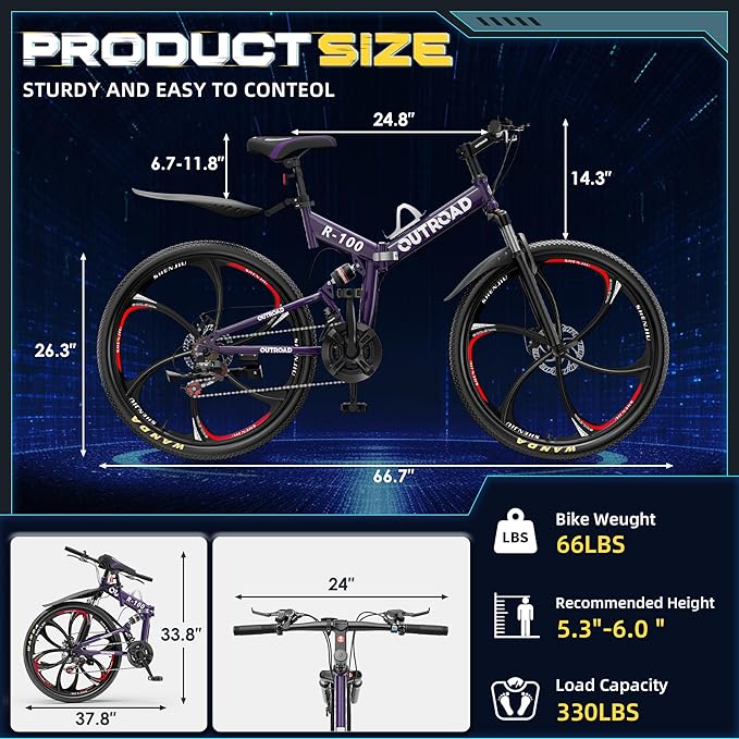 26 ich Folding Mountain Bike, 21 Speed High Carbon Steel Mountain Bike for Adults with 26 Inches Durable Tires, Front Suspension Folding Bicycle for Women and Man