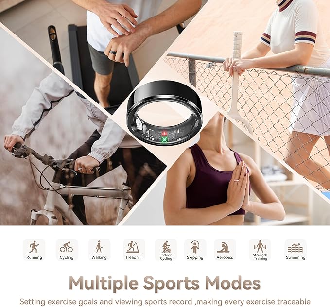 Health Smart Ring for Men Women, Fitness Tracker with Heart Rate/Blood Pressure/Blood Oxygen Monitor,Sleep Tracker,Pedometer, IP68 Waterproof Ring for iPhone&Android, No Subscription (Black, Size10）