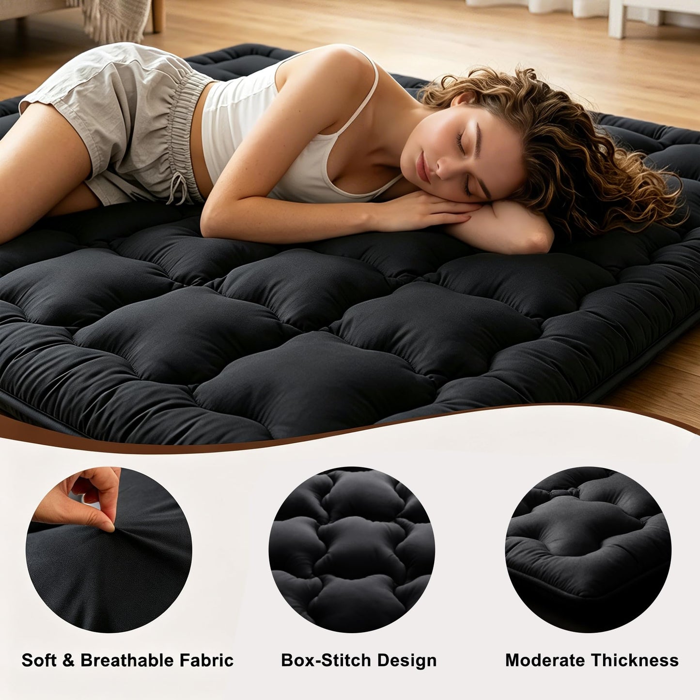 FARINA Japanese Futon Mattress Floor Mattress, Twin Size Shredded Memory Foam Roll Up Foldable Tatami Mat, Portable Sleeping Pad for Living Room Guest Room (Black, Twin)