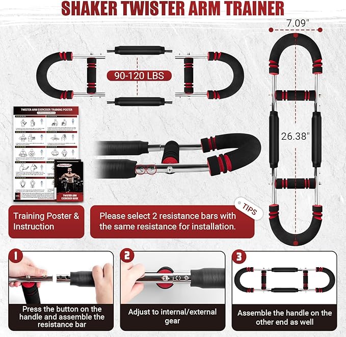 Twister Arm Trainer, Adjustable Twister Arm Chest Exerciser with 2/4 Spring & Training Poster for Men & Women, Detachable Power Twister Home Fitness Equipment for Enhancing Upper Body Muscle