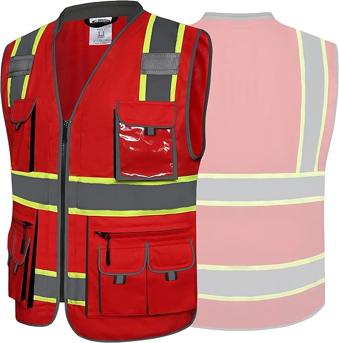 JKSafety 10 Pockets Hi-Vis Zipper Front Fluorescent Red Safety Vest | Cushioned Collar | High Reflective Tapes with Extended Neon Yellow Strips | Meets ANSI/ISEA Standards (X-Large, 89-Red)