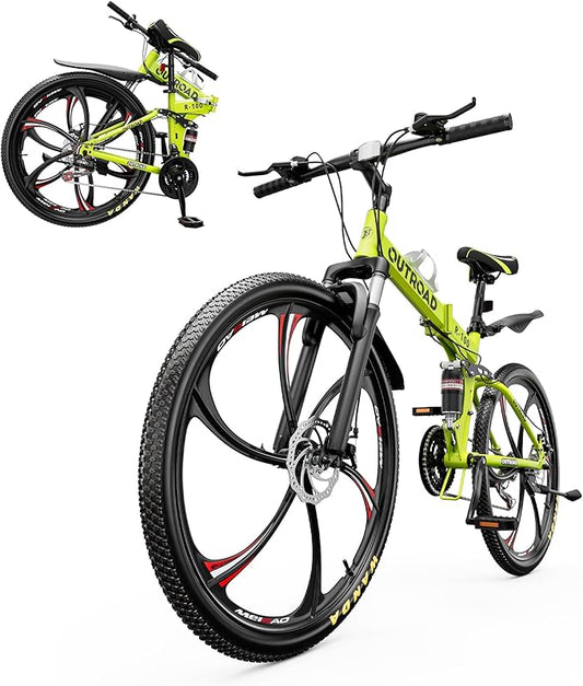 26 inch Folding Mountain Bike, Carbon Steel Frame and 21 Speed, Double Disc Brake and Dual Suspension Folding Bike for Adults/Men/Women, Easy Assembly Bicycle(Black/Green/Orange)