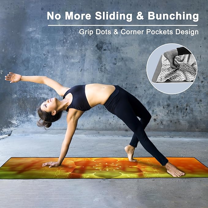 Colorful Star Large Yoga Towel with Corner Pockets, Non Slip Grip Dots Absorbent Hot Yoga Mat Towels, Yoga Blankets with Travel Bag, Mat Cover for Workout, Gym, Fitness - 74"x26", Geometric Flower