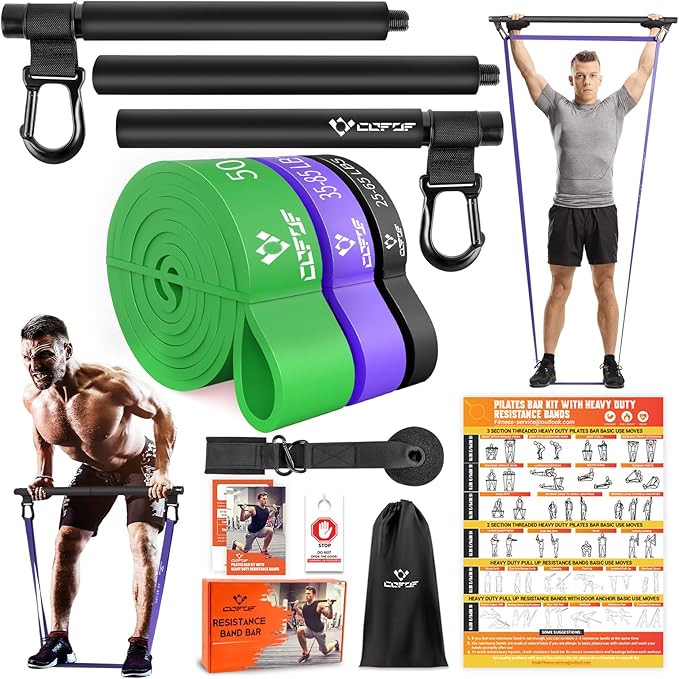 Portable Heavy Duty Resistance Bar with 3 Resistance Bands, Pilates Bar with Pull Up Bands & Training Poster, Yoga Pilates Equipment for Home Gym