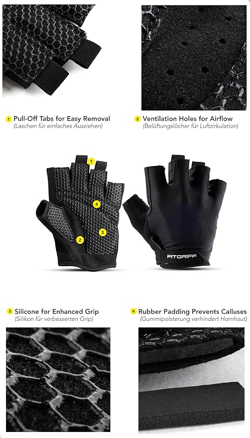 Fitgriff® Workout Gloves (Padded) for Men & Women - Fingerless Gym Gloves for Weight Lifting, Training - Full Palm Protection, Size : 5