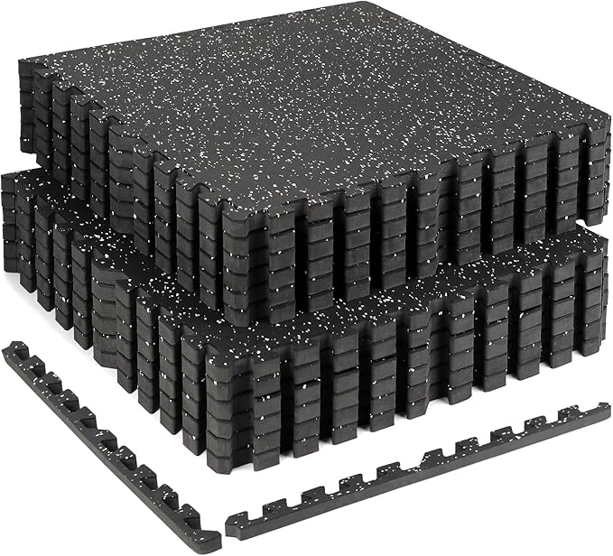 0.79in Extra-Thick 48 Sq Ft Exercise Equipment Mats, 12 Tiles Rubber Top EVA Foam Workout Mats, Interlocking Gym Flooring for Home Gym, 24 x 24in, Black & White