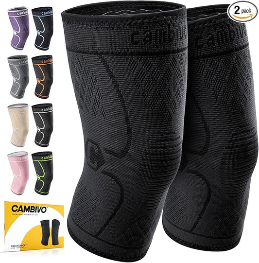 CAMBIVO 2 Pack Knee Braces for Knee Pain, Knee Compression Sleeve for Men and Women, Knee Support for Meniscus Tear, Running, Weightlifting, Workout, ACL, Arthritis, Joint Pain Relief (Black, XX-Large)