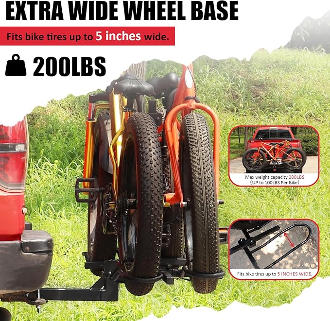 FORWODE Bike Rack Hitch Mount Platform Bike Rack, 2-Bike 200 lbs Capacity, Wobble-Free, Fits Up to 5" Fat Tires, 2" Receiver, E-Bikes & MTB (HBS22G)