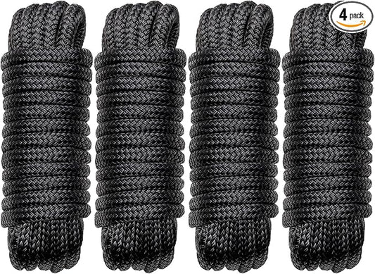 Boat Dock Lines Marine Rope - 1/2" x 15ft with Pre-Spliced 12" Loop Double Braided Nylon Ropes Bumper Tie Mooring Line for Boats Docking Pontoon Boating Accessories - 4 Pack Black