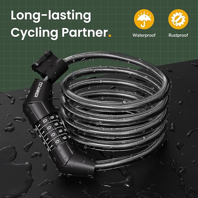 Titanker Bike Lock Cable, 4 Feet Bike Cable Lock Basic Self Coiling Kids Bike Lock Combination with Complimentary Mounting Bracket, 5/16 Inch Diameter (4FT, Black-8mm)