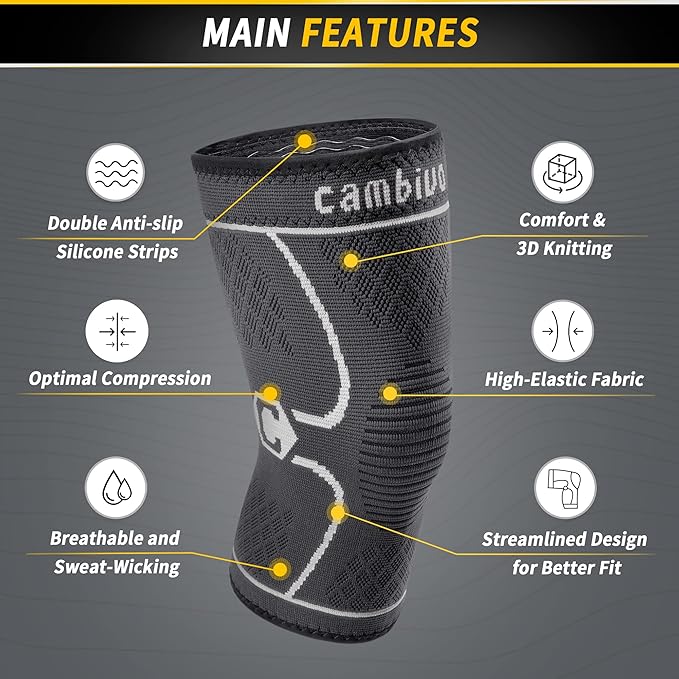 CAMBIVO 2 Pack Knee Brace, Knee Compression Sleeve for Men and Women, Knee Support for Running, Workout, Gym, Hiking, Sports (Gray,Medium)