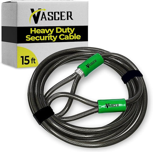 Heavy Duty Security Cable with Loops - 15 Feet (3/8") Bike Cable Lock Cut Resistant with Braided Steel and Vinyl Coating -Security Chain Lock for Bicycle, Boat, Ladder, Gate, Mower & Equipment