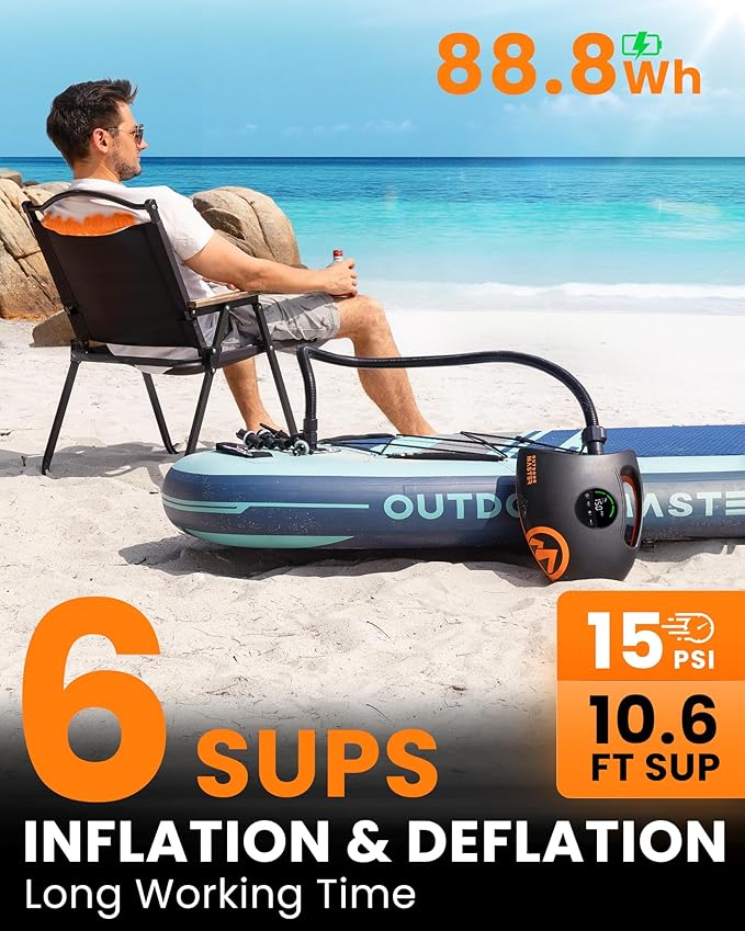 OutdoorMaster Shark 2S 88.8Wh Electric Paddle Board Pump, Rechargeable Battery for 6 SUPs Inflation & Deflation, 20PSI SUP Air Pump 12V/15.8V DC & Type-C Input, Auto-Off & 8 Nozzles for Inflatables