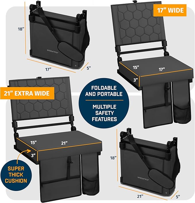 Folding Reclining Stadium Seats with Back Support for Bleachers, Bleacher Chairs with Back and Cushion Seating for Football, Camping Chair, Kayak Seat, Canoe, Paddle Board, Concerts, & Sports Events