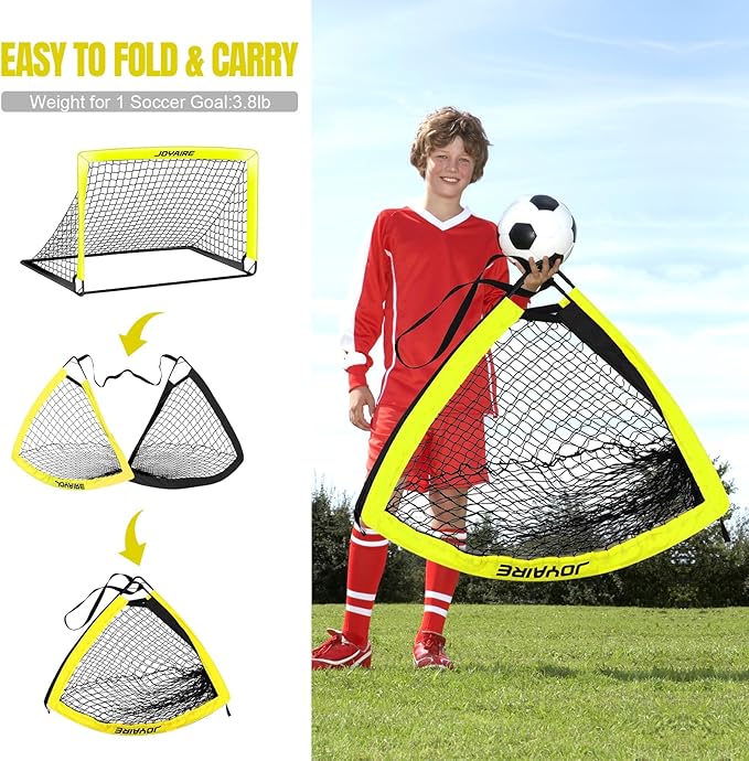 Kids Soccer Goals for Backyard Set, Portable Toddler Soccer Goal 2 of 4x3 ft, 6x4 ft, 7x5 ft, Soccer Training Equipment, Pop Up Soccer Net Kit with Size 4 Soccer Ball, Youth Games, Outdoor Sports Play