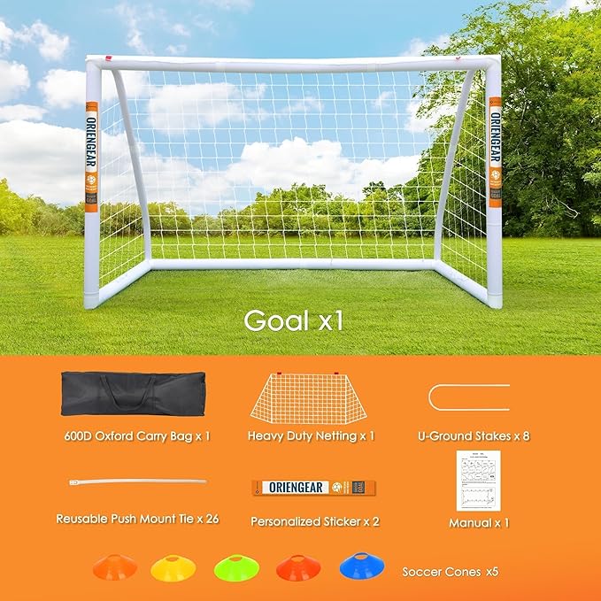 ORIENGEAR Soccer Goal, 12x6/10x6.5/8x6/6x4 Full Size Soccer Goals for Backyard, Soccer Net with Training Discs, Portable Soccer Goal for Kids and Adults with 1 Carry Bag, Porterias De Futbol