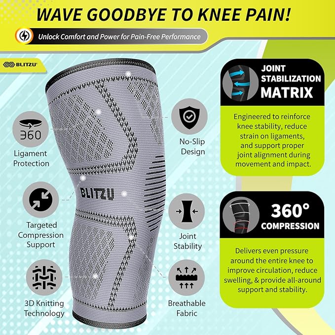 Knee Brace for Women & Men, 2 Pack Compression Knee Brace, Knee Support Sleeve for Pain Relief, Running, Workout, Sports, Knee Braces for ACL, Meniscus Tear, Arthritis and Injury Recovery Gray L