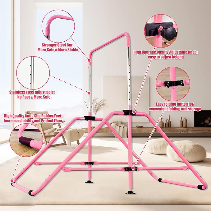 MARFULA Foldable Gymnastic Bar for Kids Ages 3-9, 9 Height Levels, 200 lbs Weight Capacity, 5 Ft Length Gymnastic Kip Bar with Mat, Gymnastic Equipment for Home and Gym Center Indoor Outdoor Use