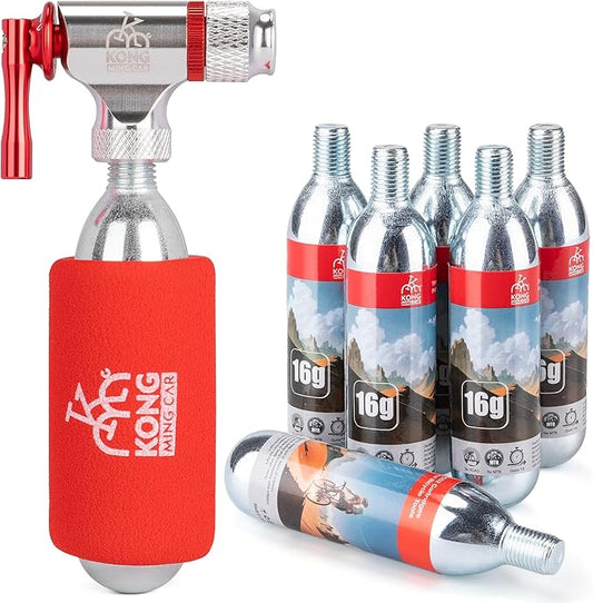 CO2 Inflator Kits with 6 X 16g / 25g CO2 Threaded Cartridges for Bike Tires, Presta and Schrader Valve Compatible, CO2 Bike Tire Pump for Mountain and Road Bicycles