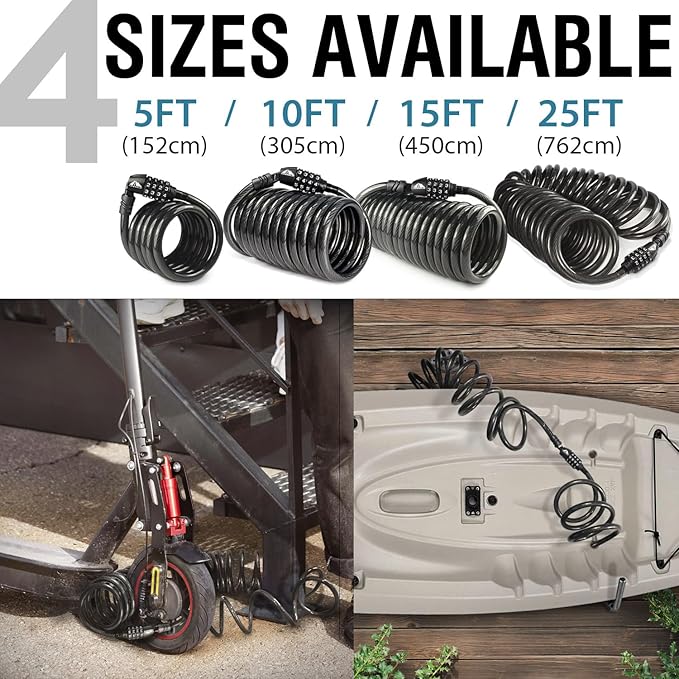MARQUE Combination Bike Lock Cable- 3/8 inch (5FT, 10FT, 15FT, 25FT) Resettable Combination Lock, Anti-Theft Coiled Secutiry Cable for Bicycles, Kayaks, Paddle Boards, Gates and Outdoor Gear (25 FT)
