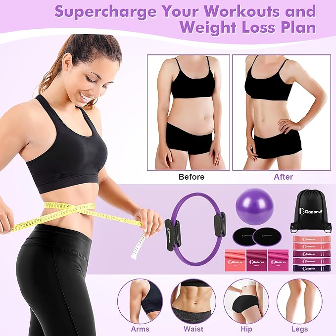 Pilates Ring Set Exercise Equipment with Exercise Bands Resistance Bands Set, Pilates Ball, Sliding Disks – Workout Equipment Home Gym Includes Complete Fitness Poster