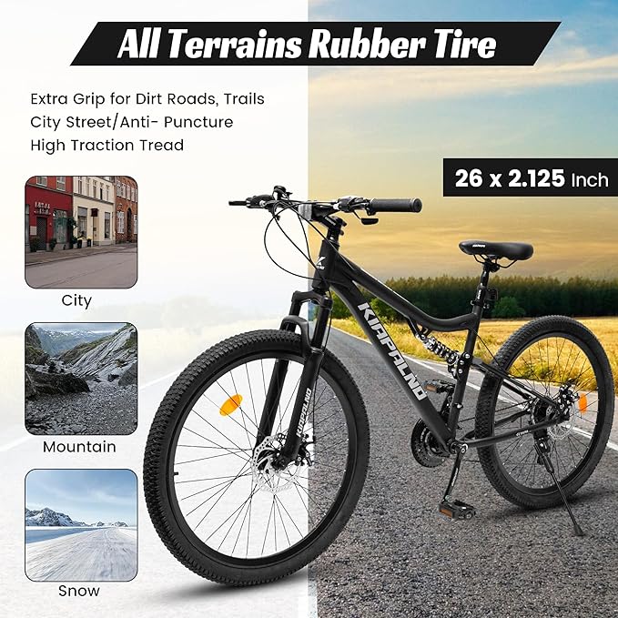 26 Inch Mountain Bike Dual Suspension for Mens Boys, 21 Speeds Steel Women Girls Mountain Bike Summer Travel Trip, Disc Brakes Adult Teens Sport Men Women Bicycle for Trail Commuter City Road