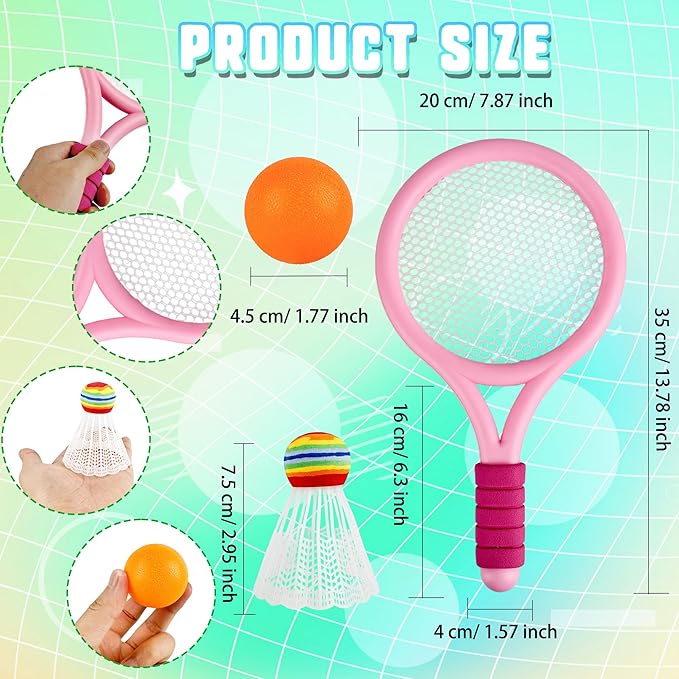 12 Pcs Plastic Kids Tennis Racket Set with 6 Pcs Tennis Balls and 6 Shuttlecocks Training Balls Badminton Paddle Racket Toy for Children Toddler Outdoor Indoor Beach Sports Gifts