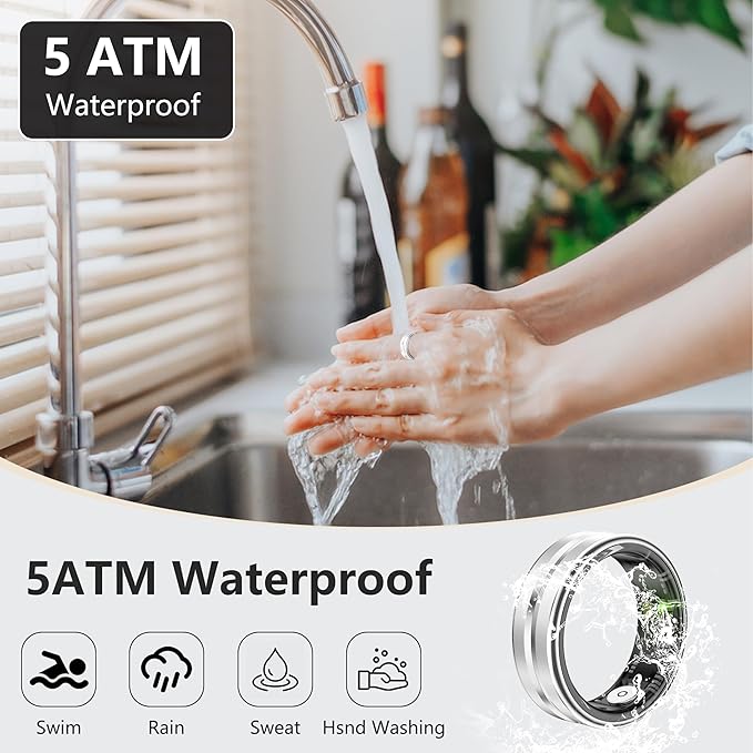 Thin Smart Ring for Fitness & Health Tracking -Pedometer,Sleep/Heart Rate/Blood Oxygen Monitor, Gesture Control / 5ATM Waterproof -No APP Subscription Compatible with Android& iOS (Silver, 7)