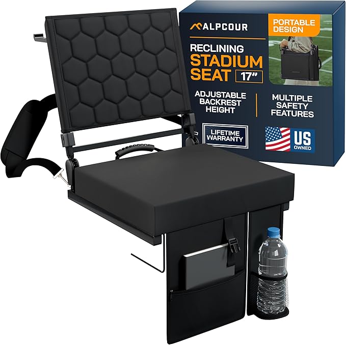 Folding Reclining Stadium Seats with Back Support for Bleachers, Bleacher Chairs with Back and Cushion Seating for Football, Camping Chair, Kayak Seat, Canoe, Paddle Board, Concerts, & Sports Events