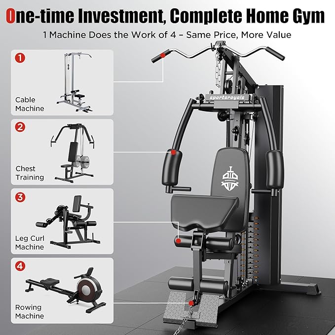 Sportsroyals Home Gym, Multifunctional Home Gym Equipment, Workout Station with 154LBS Weight Stack, Exercise Equipment for Full Body Traning with Pulley System