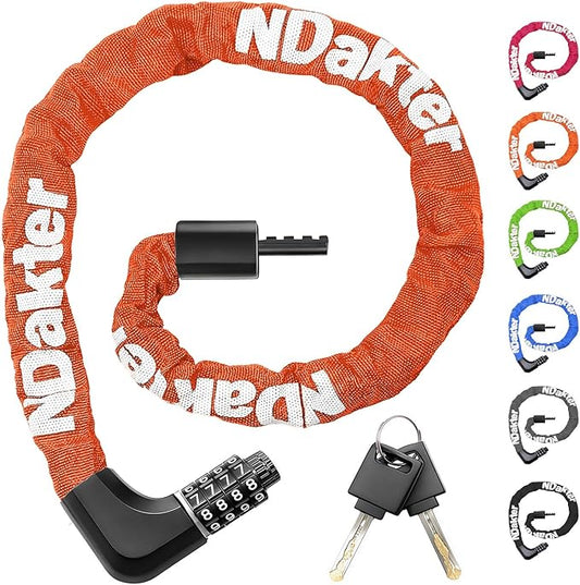 NDakter Upgrade Bike Chain Lock with 4 Digit Combination and 2 Keys, 3.2/4.28 Ft Heavy Duty Anti-Theft Bicycle Lock, 2 Ways to Unlock High Security Scooter Locks for Ebike, Escooter, Door