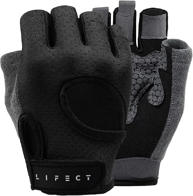 LIFECT Essential Breathable Workout Gloves, Weight Lifting Fingerless Gym Exercise Gloves with Curved Open Back, for Powerlifting, Women and Men, Size : Large